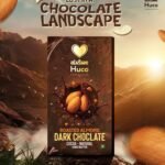 Huco Roasted Almond Dark Chocolate bar in a luxurious chocolate mountain landscape with floating almonds and rich cocoa splashes.