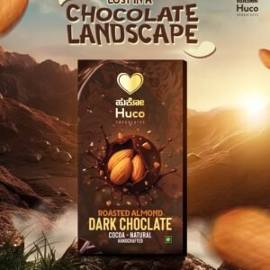Huco Roasted Almond Dark Chocolate bar in a luxurious chocolate mountain landscape with floating almonds and rich cocoa splashes.