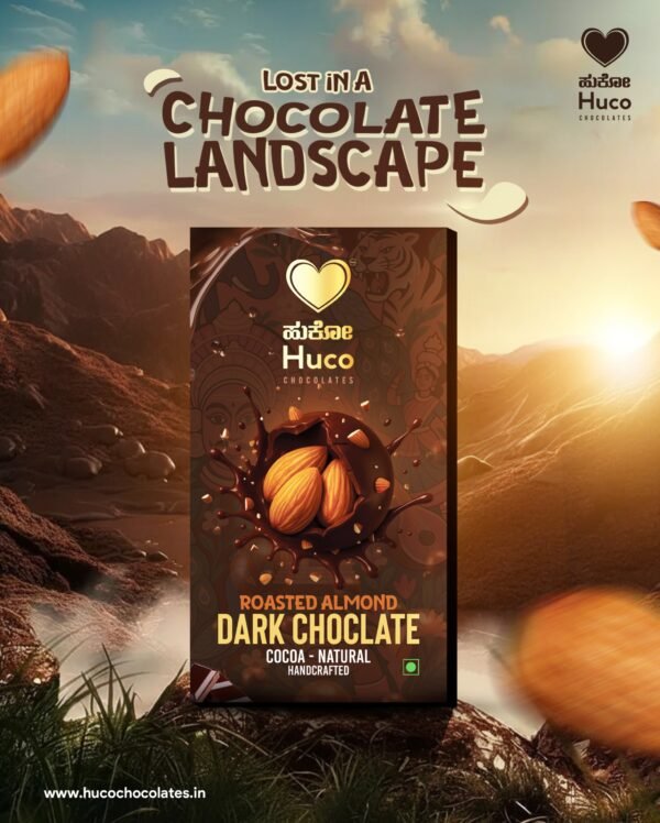 Huco Roasted Almond Dark Chocolate bar in a luxurious chocolate mountain landscape with floating almonds and rich cocoa splashes.