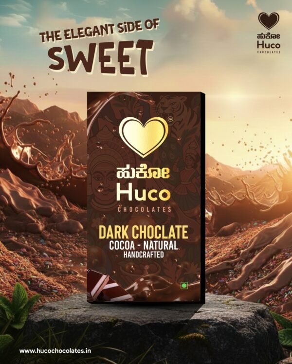 Huco Dark Chocolate handcrafted cocoa chocolate bar displayed in a luxurious chocolate-themed landscape with rich cocoa splashes and elegant premium packaging.