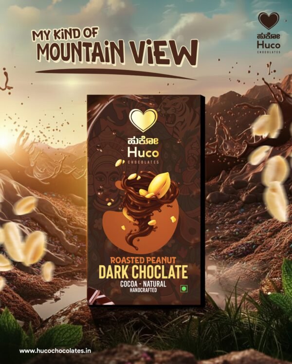 Huco Roasted Peanut Dark Chocolate bar displayed in a luxurious chocolate landscape with roasted peanuts, cocoa splashes, and premium handcrafted packaging.